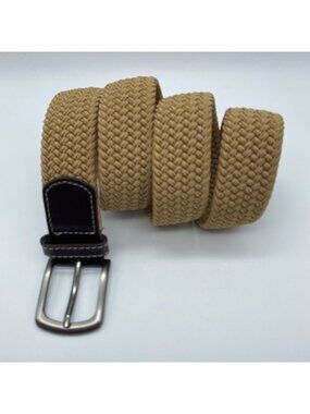 DG Hill Gold Woven Braided Stretch Belt Men’s Size 30 Cotton Leather Tabs Casual